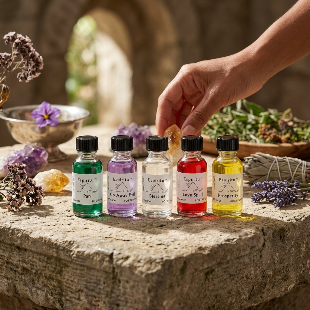 Diminutive heliotrope oil bottle on stone altar amidst herbs and crystals, emphasizing spiritual ritual use.