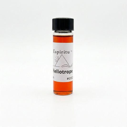 Heliotrope oil draft with white label and clear glass above the oil
