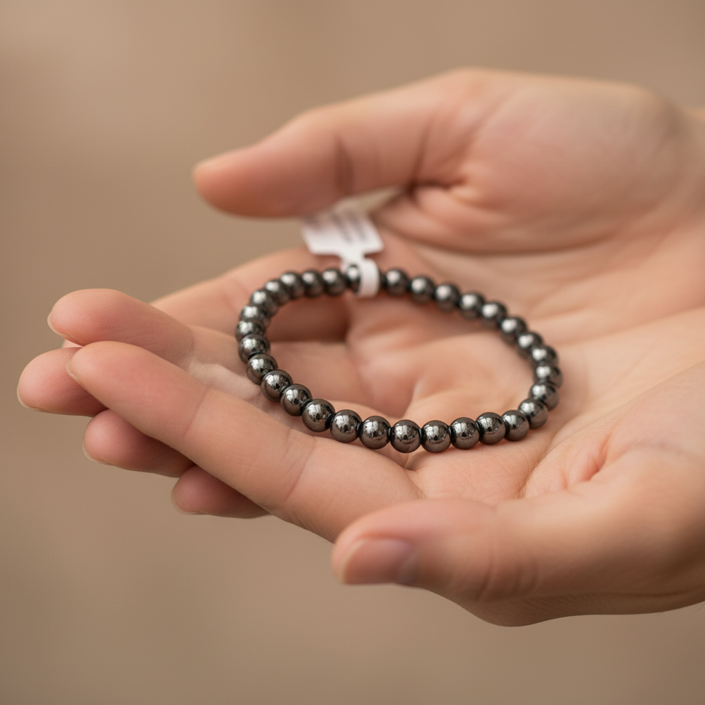 Hematite Bead Bracelet, 4mm Beads, held in hand