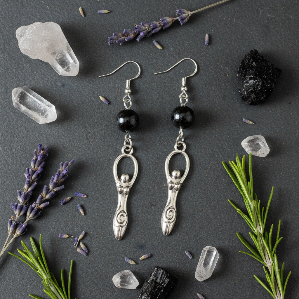 Hematite Goddess Earrings, alternate view