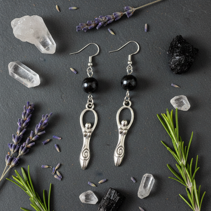 Hematite Goddess Earrings, alternate view