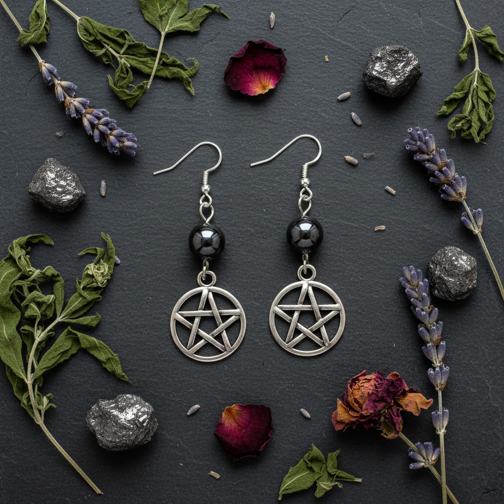 Hematite Pentagram Earrings, alternate view