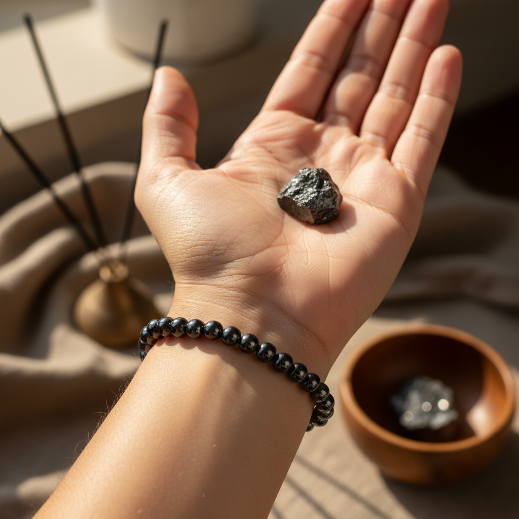 Hematite Stretch Bracelet, 4mm, shown in use