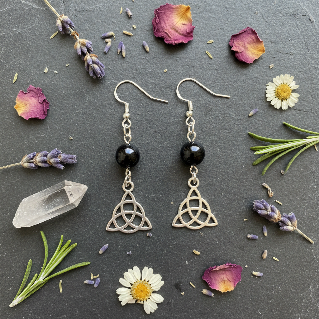 Hematite Triquetra Earrings, alternate view