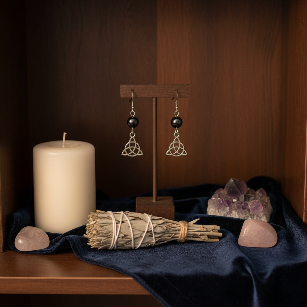 Hematite Triquetra Earrings, styled on altar