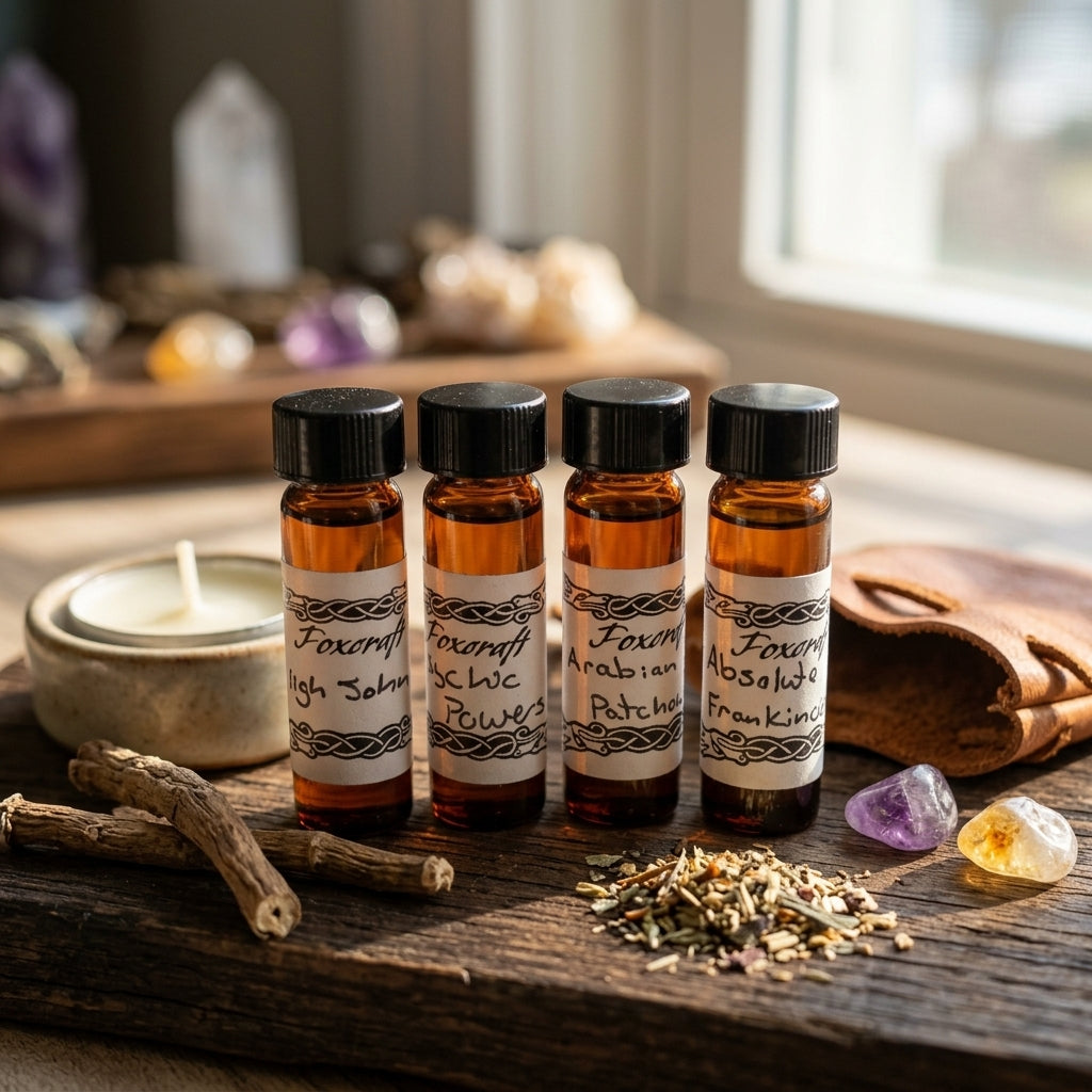 Realistic scene of High John the Conqueror Oil on an herbal altar with candles and herbs, emphasizing its portability in a spiritual setting.