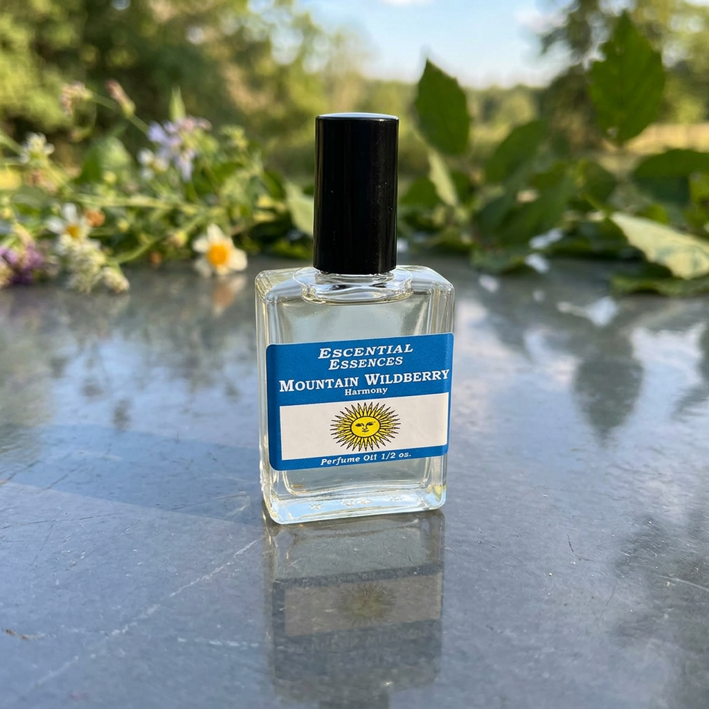 High-angle view of tiny Mountain Wildberry Perfume Oil on reflective surface with outdoor elements, showcasing purity and fresh hues.