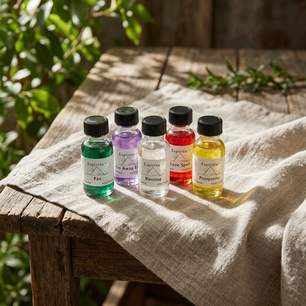 Full-body scene of a small High John the Conqueror Oil bottle on a rustic linen cloth, with natural sunlight emphasizing its size and power.