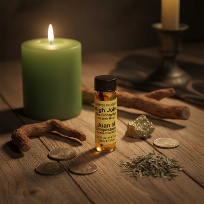 High John the Conqueror Oil with Root, 4 Dram, styled on altar