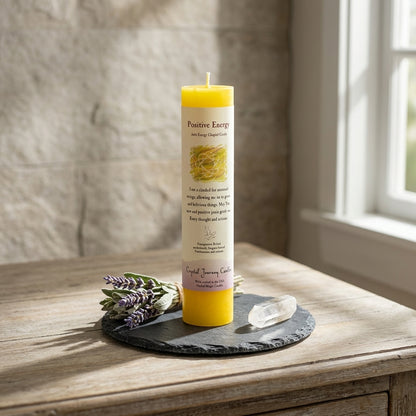 Small yellow pillar candle placed on a heat-safe plate in a serene altar setting with herbs and crystals for healing.