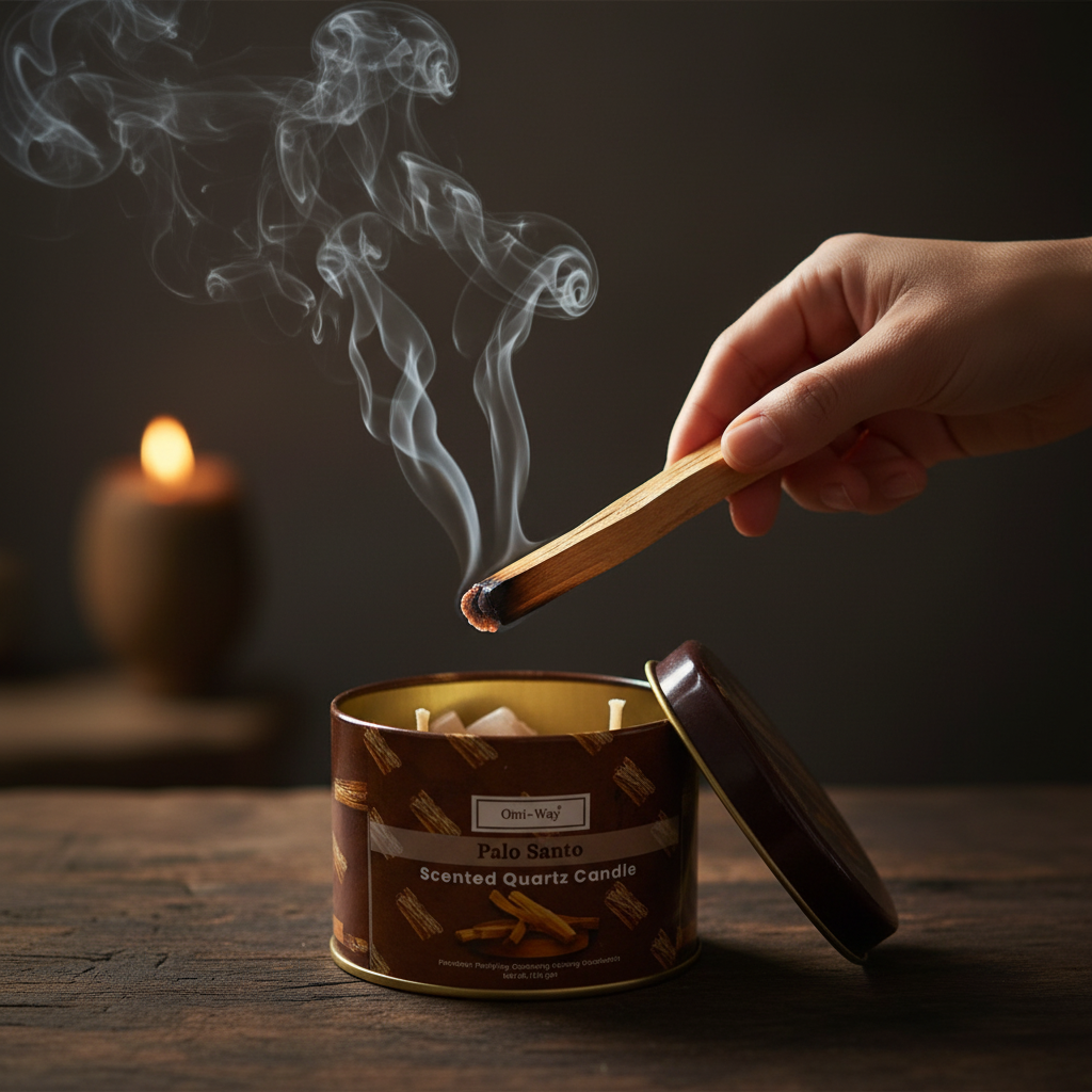 Holywood (Palo Santo) quartz tin candle, shown in use