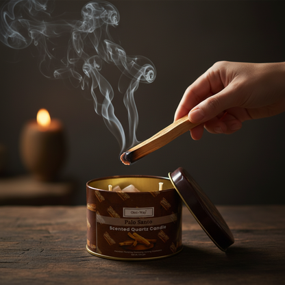 Holywood (Palo Santo) quartz tin candle, shown in use