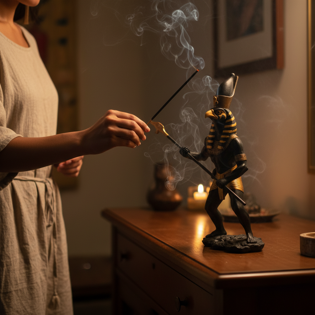 Horus Egyptian God Statue, 14 Inches, shown in use