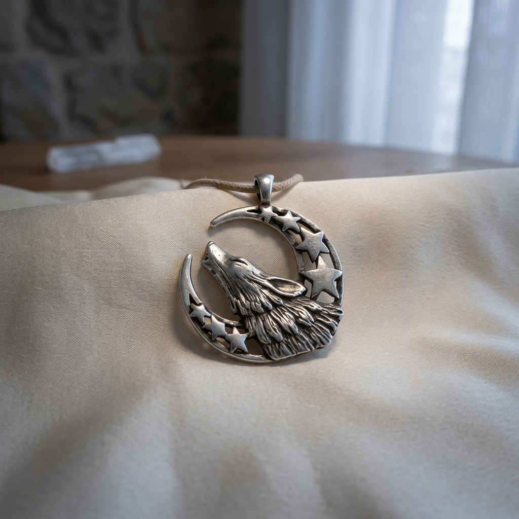 Photorealistic small pewter amulet with crescent moon and star symbols, resting on silk cloth, illuminated by soft moonlight in a sacred space.