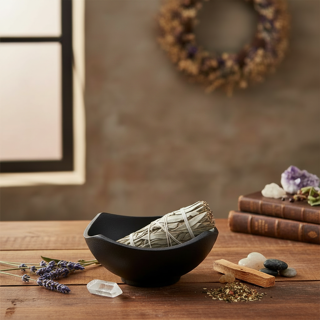 Cast Iron Cauldron Smudge Pot with unlit herb bundle