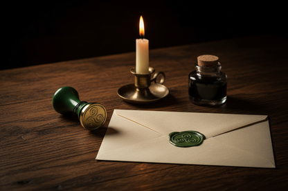Celtic triskelion sealing wax stamp on dark oak writing desk with green wax sealed envelope and taper candle