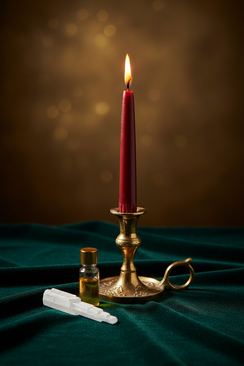 Get What You Want ritual candle - brick red 7-inch taper candle in gold candlestick on dark velvet with selenite wand and oil bottle