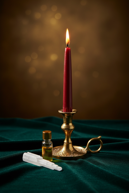 Get What You Want ritual candle - brick red 7-inch taper candle in gold candlestick on dark velvet with selenite wand and oil bottle