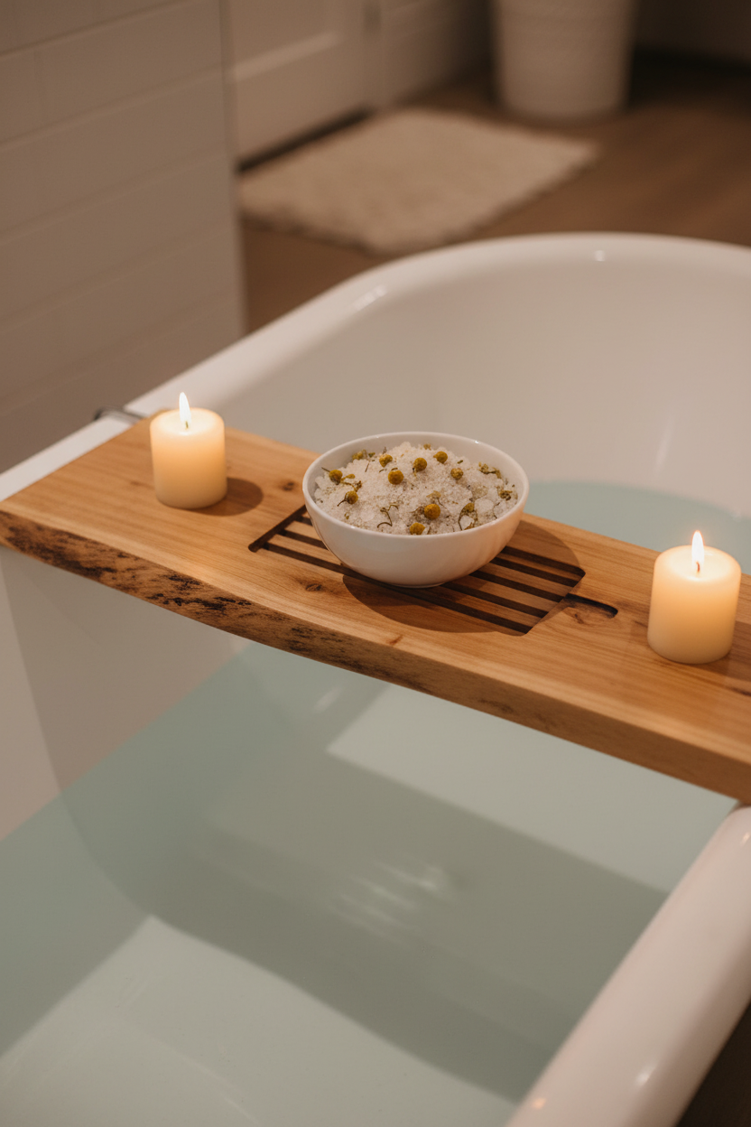 Ceramic bowl of prosperity bath salts with dried chamomile on a wooden bath tray resting across a white clawfoot bathtub with candles