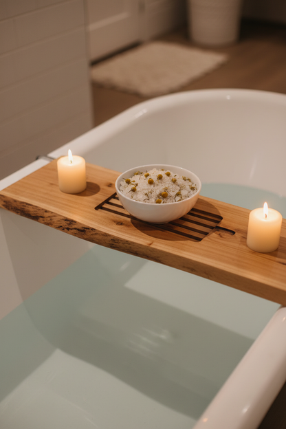 Ceramic bowl of prosperity bath salts with dried chamomile on a wooden bath tray resting across a white clawfoot bathtub with candles