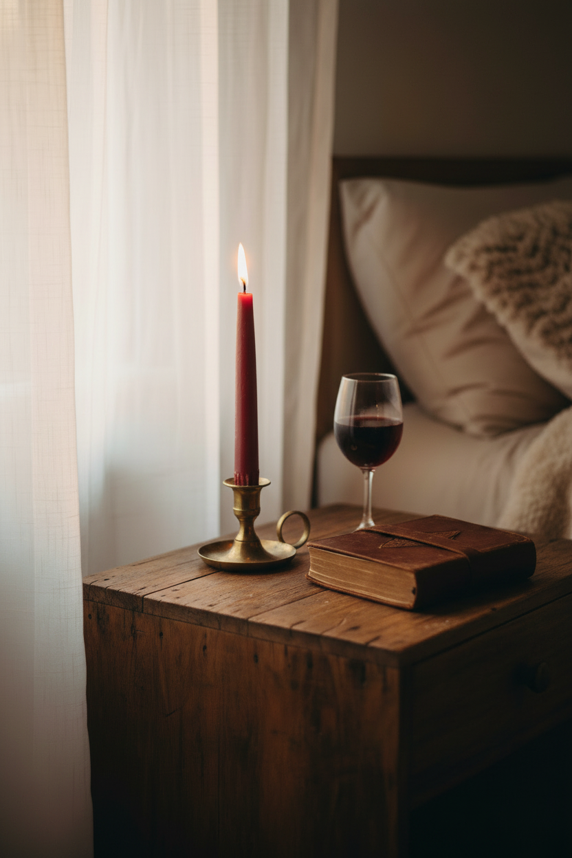 Lust ritual candle on nightstand beside journal and red wine