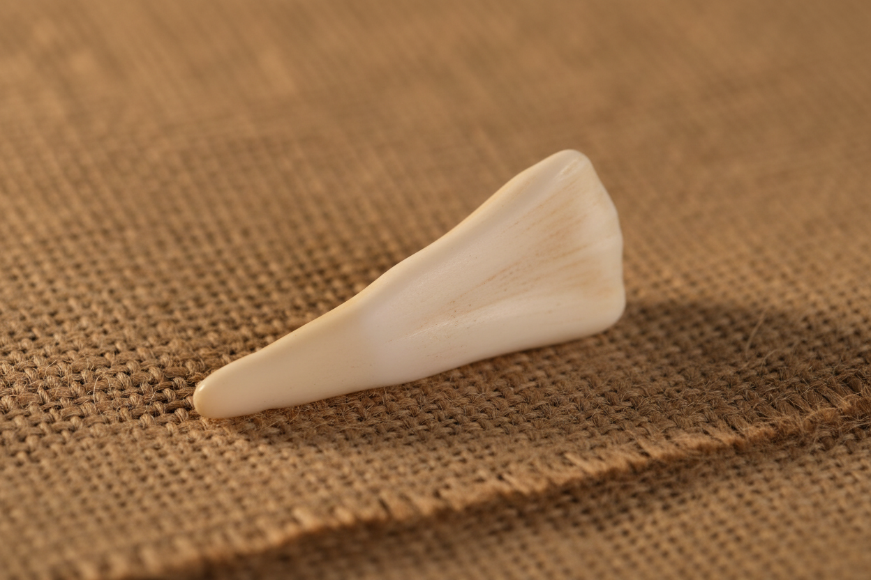 Water buffalo tooth close-up on rustic burlap fabric