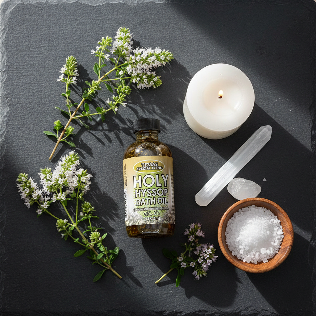 Seven Holy Hyssop Bath Oil 4oz flat lay with hyssop sprigs, selenite crystals, and white pillar candle