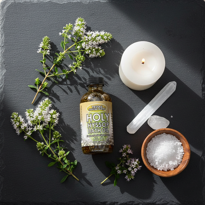 Seven Holy Hyssop Bath Oil 4oz flat lay with hyssop sprigs, selenite crystals, and white pillar candle