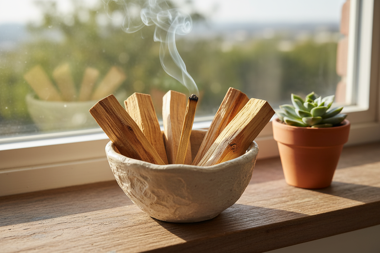 6 Palo Santo smudge sticks in a clay bowl on a wooden windowsill with morning light and a small succulent