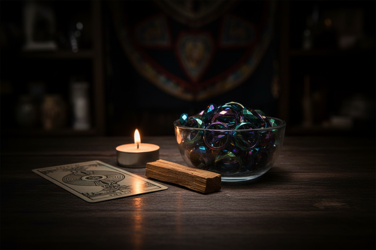 Rainbow magnetic hematite faceted rings in a glass bowl on an altar with tarot card, palo santo, and tea light candle