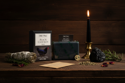 Ohli-Way Black Chicken Soap box, wrapped bar, insert card, and gold coin charm on a dark wooden altar with candle, black tourmaline, and dried herbs
