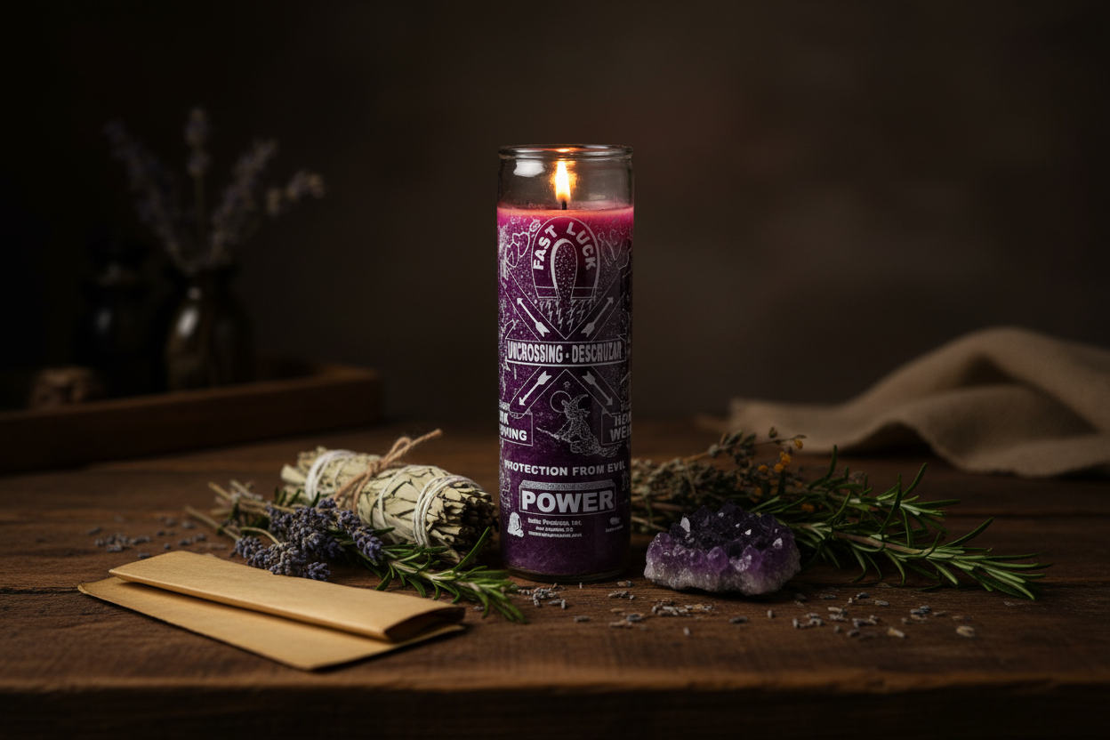 Uncrossing 7-day purple jar candle on a dark wooden altar table surrounded by dried herbs, amethyst crystal cluster, and parchment paper, illuminated by candlelight