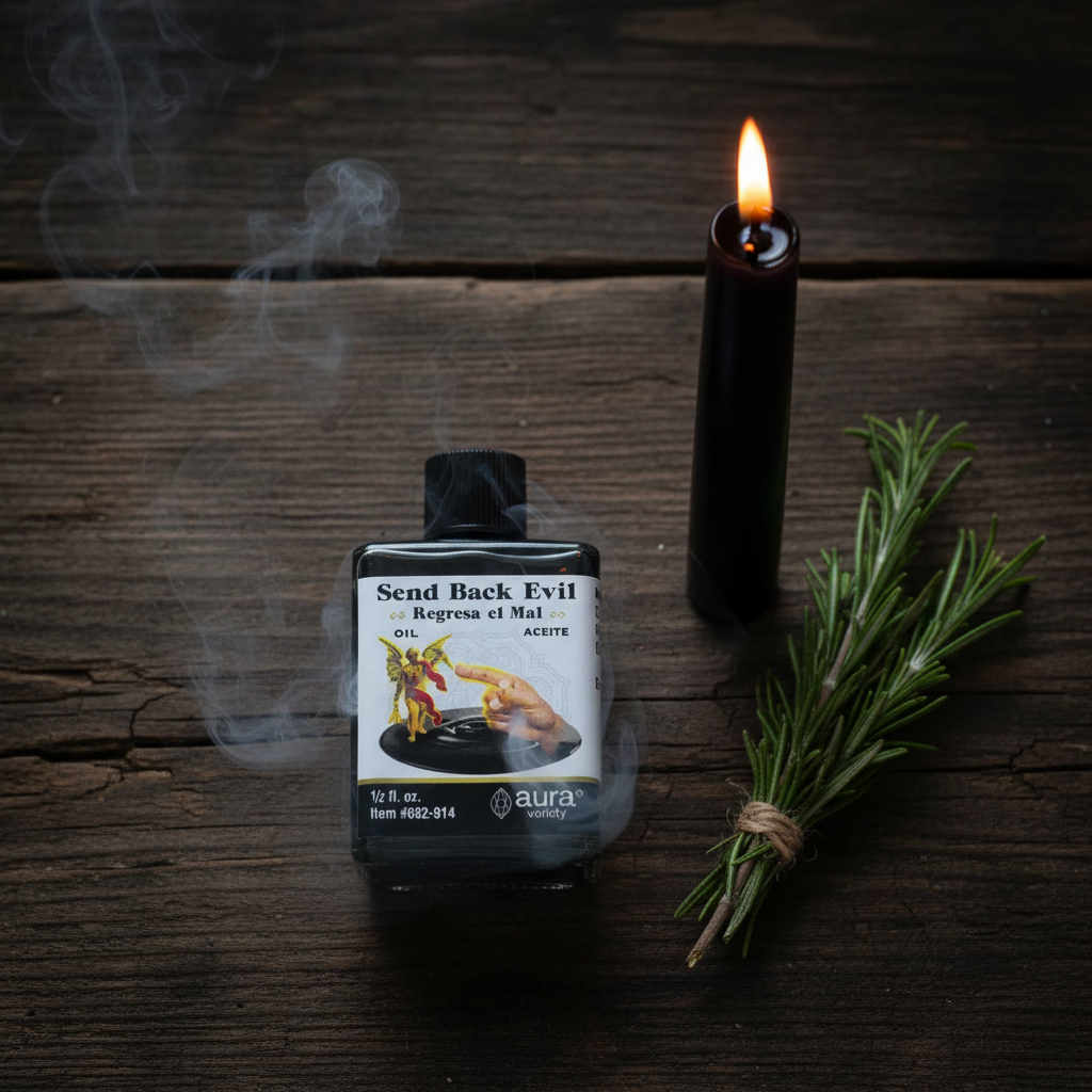 Send Back Evil Oil 4 dram bottle flat lay on weathered wood with a lit black taper candle and dried rosemary