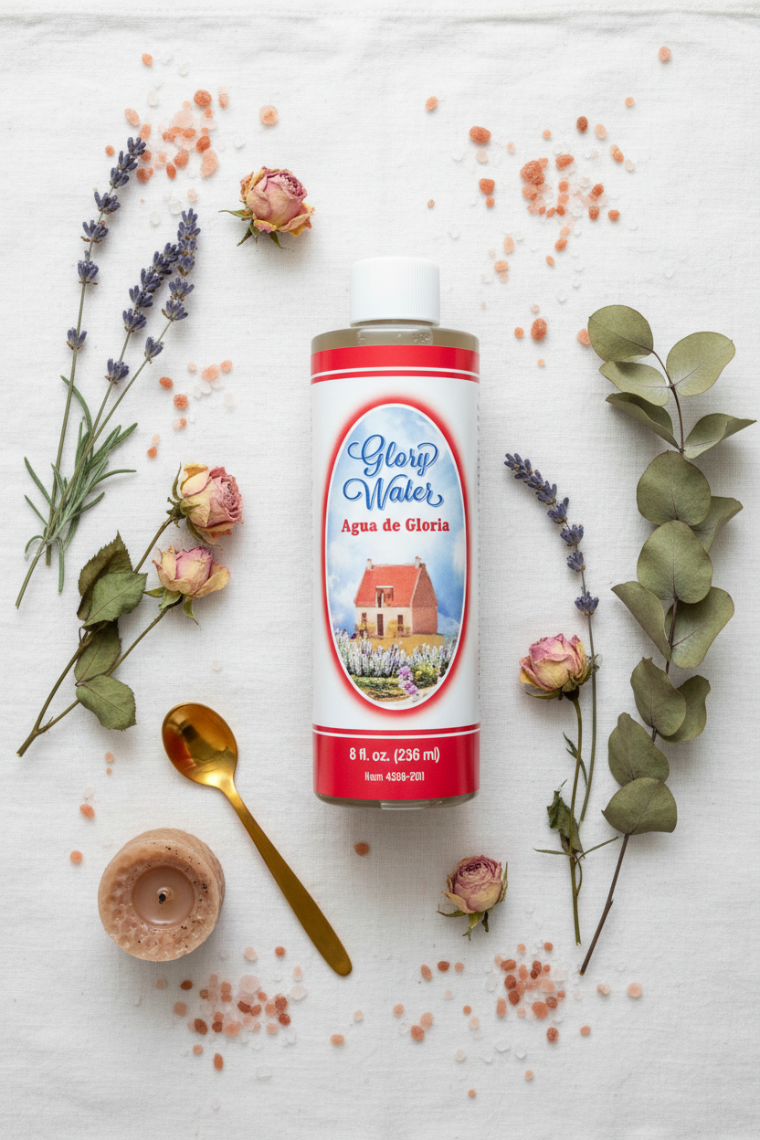 8 oz Glory Water bottle flat lay on white linen with dried botanicals, gold spoon, beeswax candle, and pink himalayan salt