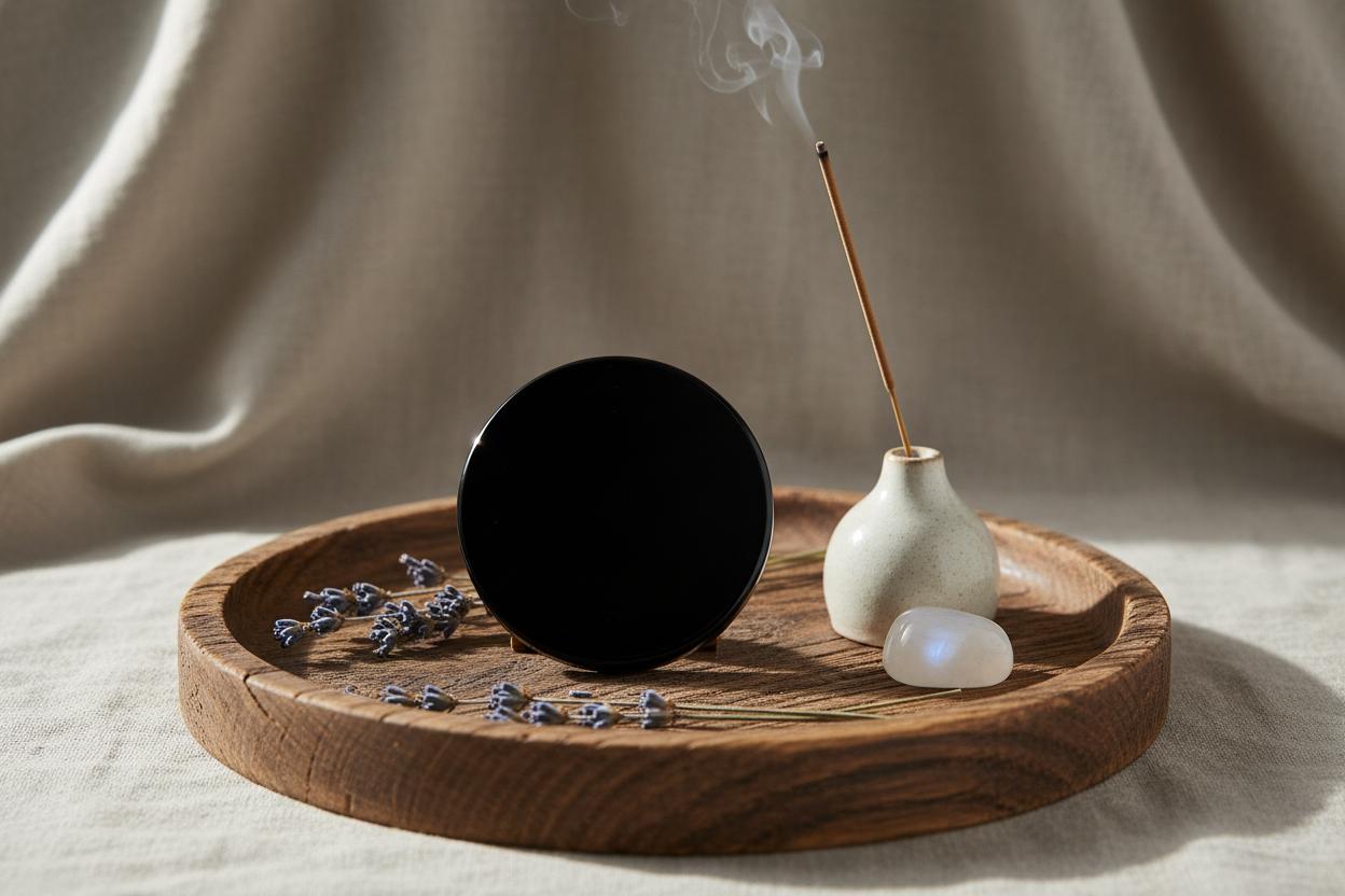 Black Obsidian Scrying Mirror 3 inch on wooden altar tray with incense, moonstone, and dried lavender