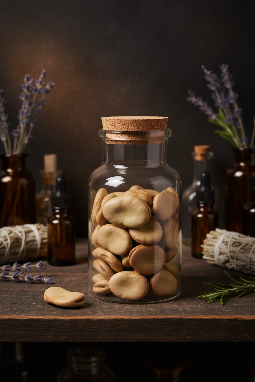 Dried fava beans in a corked glass jar on a dark wooden apothecary shelf surrounded by ritual herbs and bottles