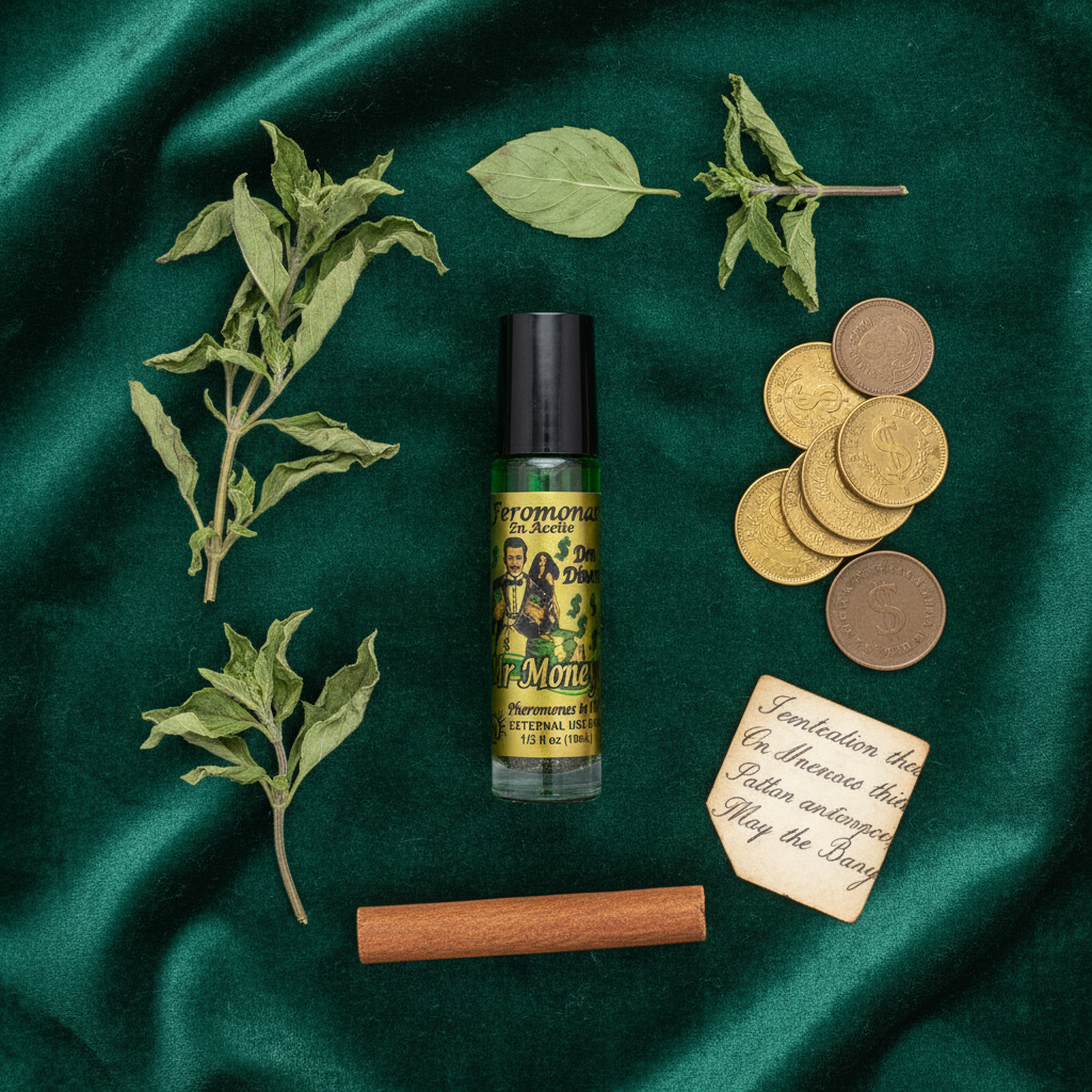 Mr. Money roll-on perfume flat lay on dark green velvet with dried herbs, coins, and cinnamon