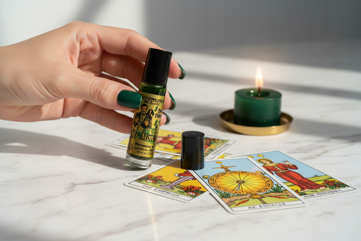 Mr. Money roll-on perfume held in hand over marble surface with tarot cards and green candle