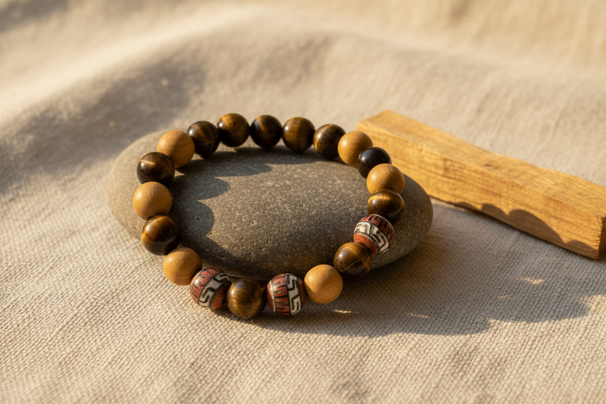 Palo Santo Tiger Eye Bracelet draped over a river stone on linen cloth beside a Palo Santo stick