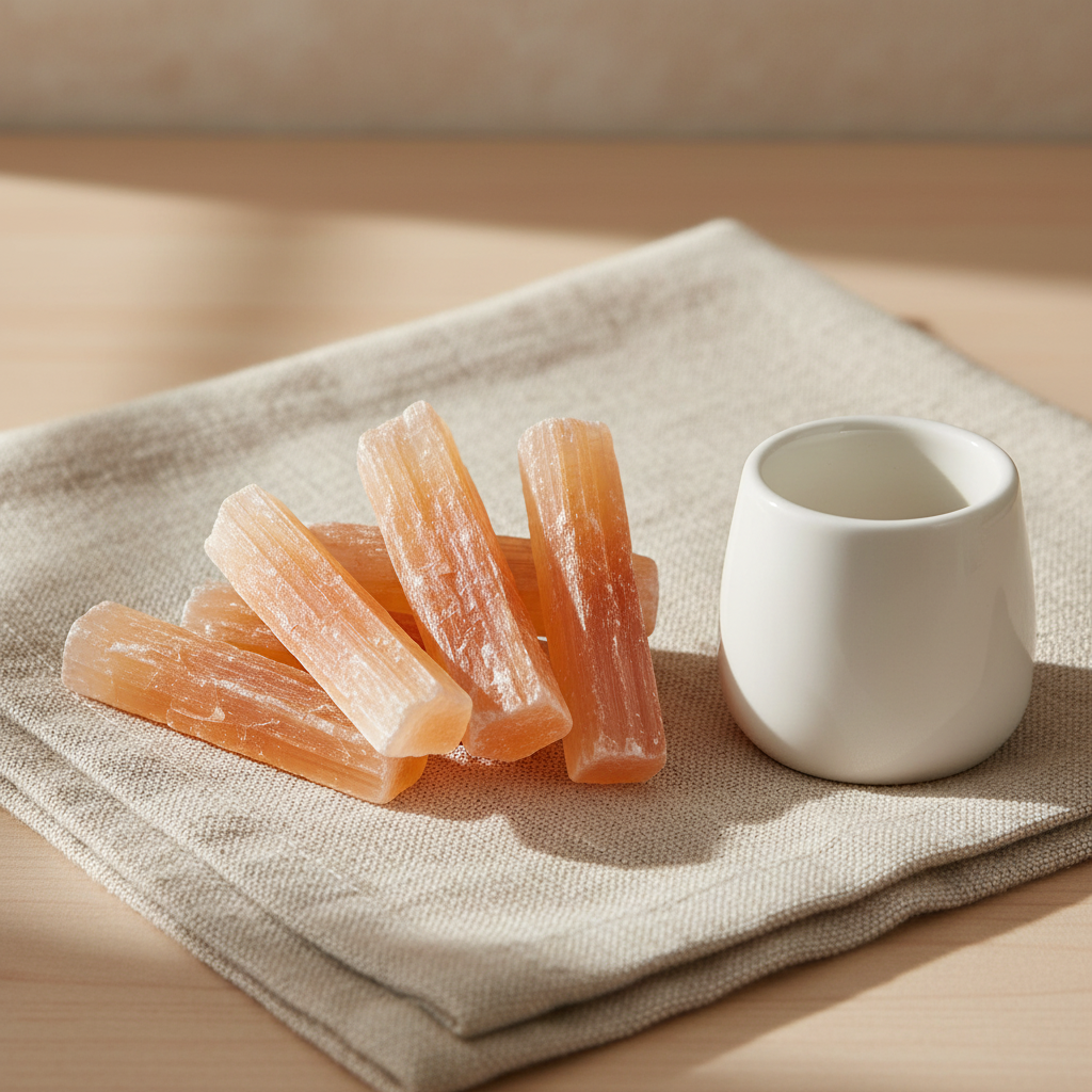 5 orange selenite mini sticks arranged on linen with tea light for scale