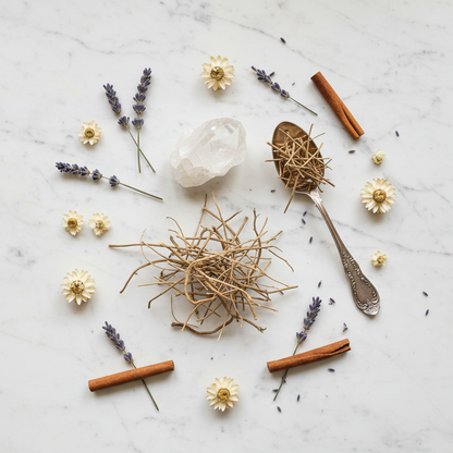 Dried Devil's Shoestring herb stems arranged on white marble with a silver spoon for scale and a clear quartz crystal