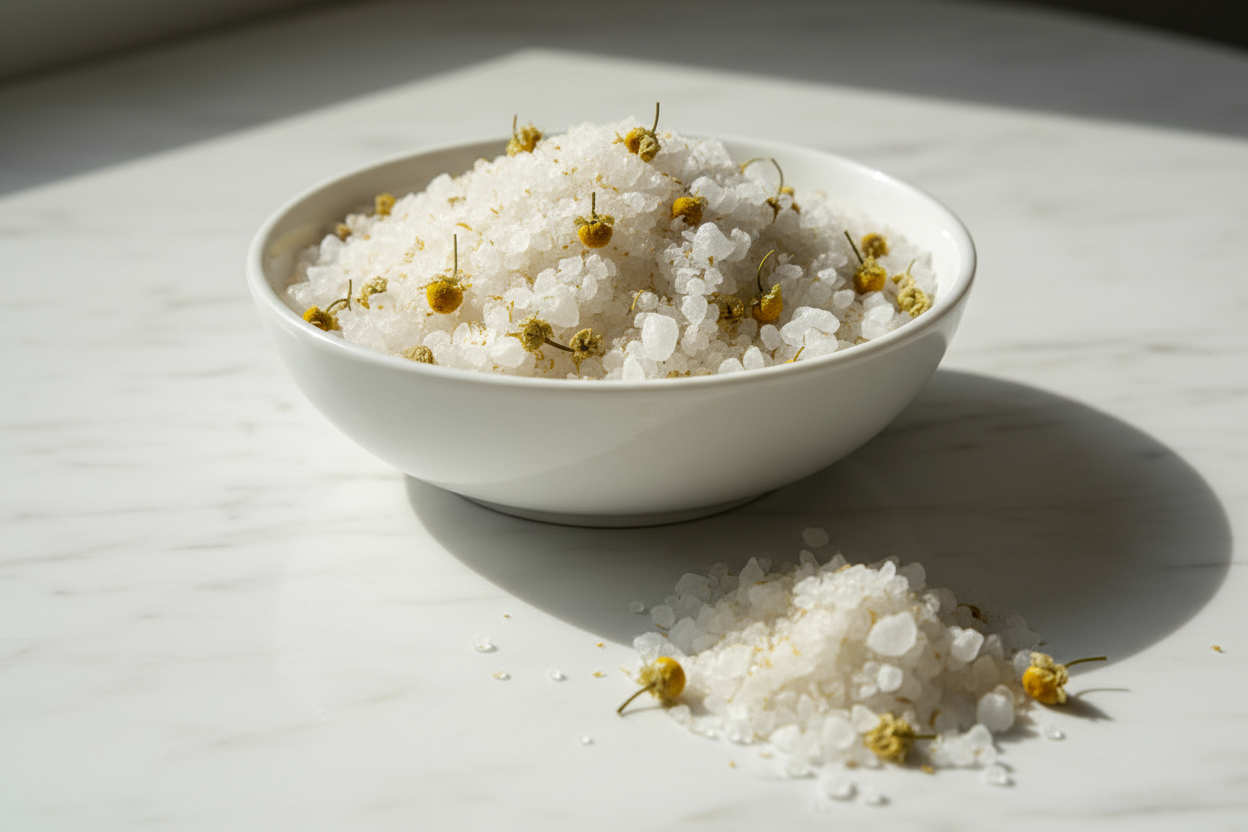 Pale golden-white bath salts with dried chamomile flowers in a white ceramic bowl on marble