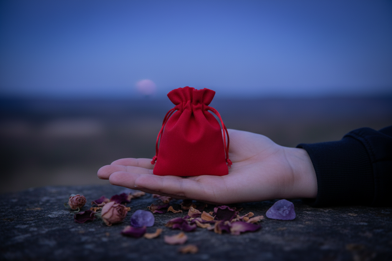 Glamour Ritual Kit closed red pouch on dark stone surface at twilight with dried flower petals and amethyst crystals