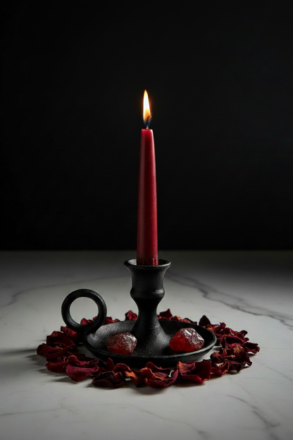 Lust ritual candle on marble surface with rose petals and red crystals