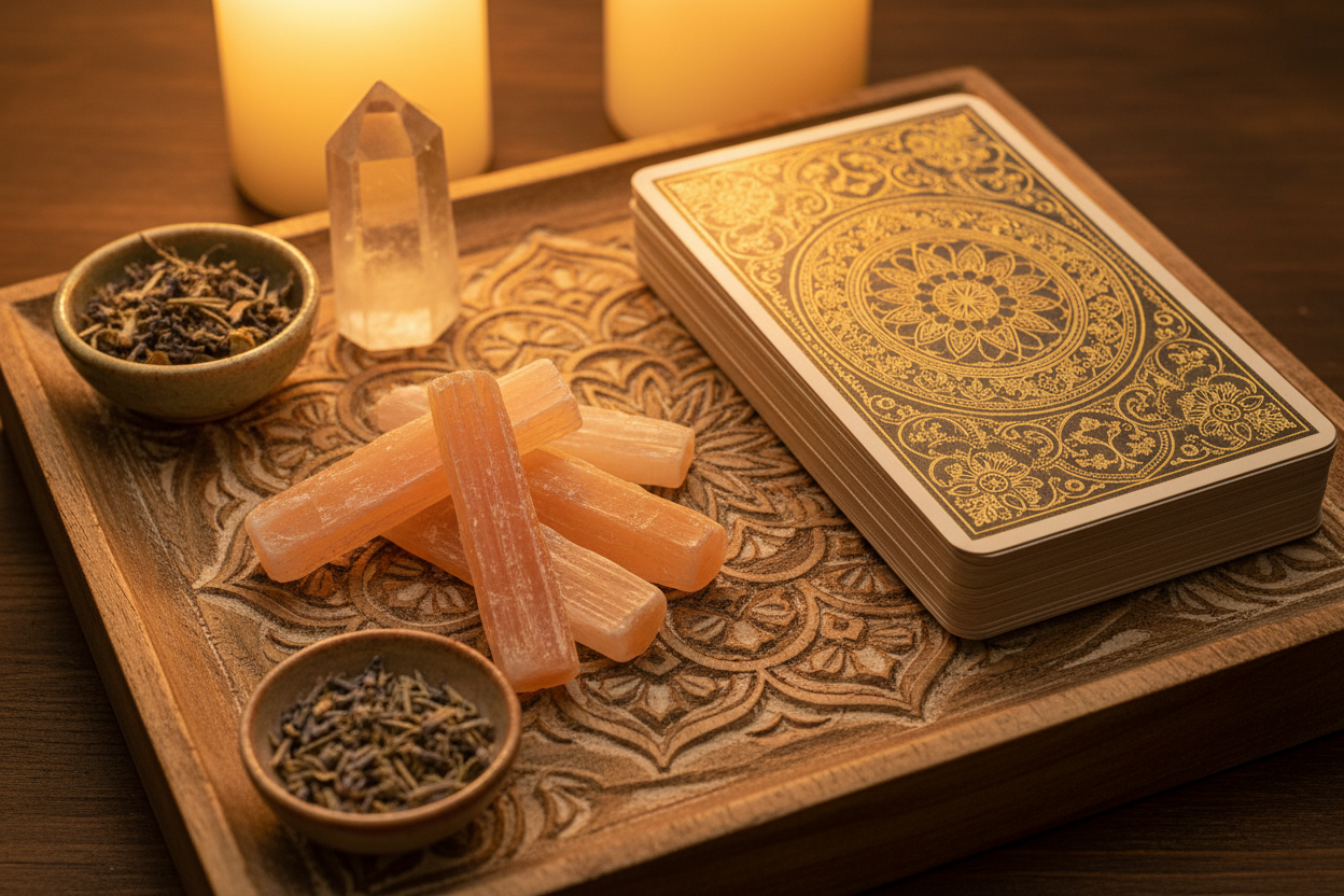 5 orange selenite mini sticks on a wooden altar tray with tarot cards and quartz