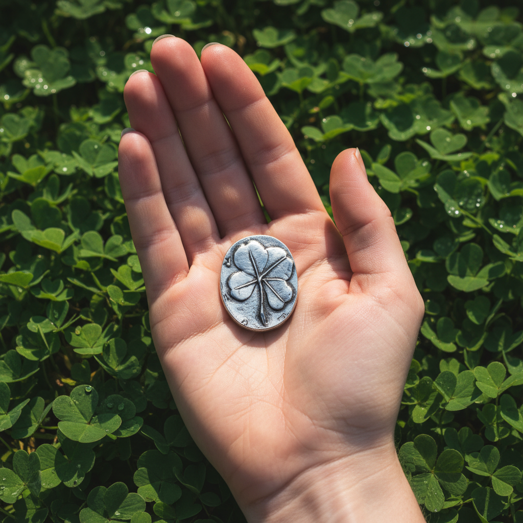 Clover Pocket Stone resting on open palm outdoors surrounded by green clover leaves
