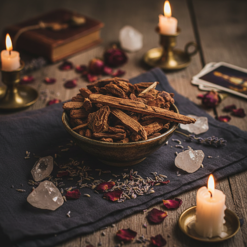 Jezebel Root Pieces in ceramic bowl surrounded by crystals and dried petals