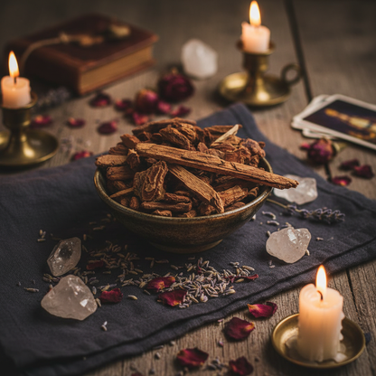 Jezebel Root Pieces in ceramic bowl surrounded by crystals and dried petals