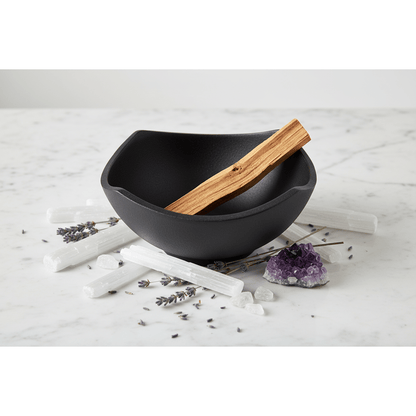 Cast Iron Cauldron Smudge Pot on white marble with palo santo and amethyst