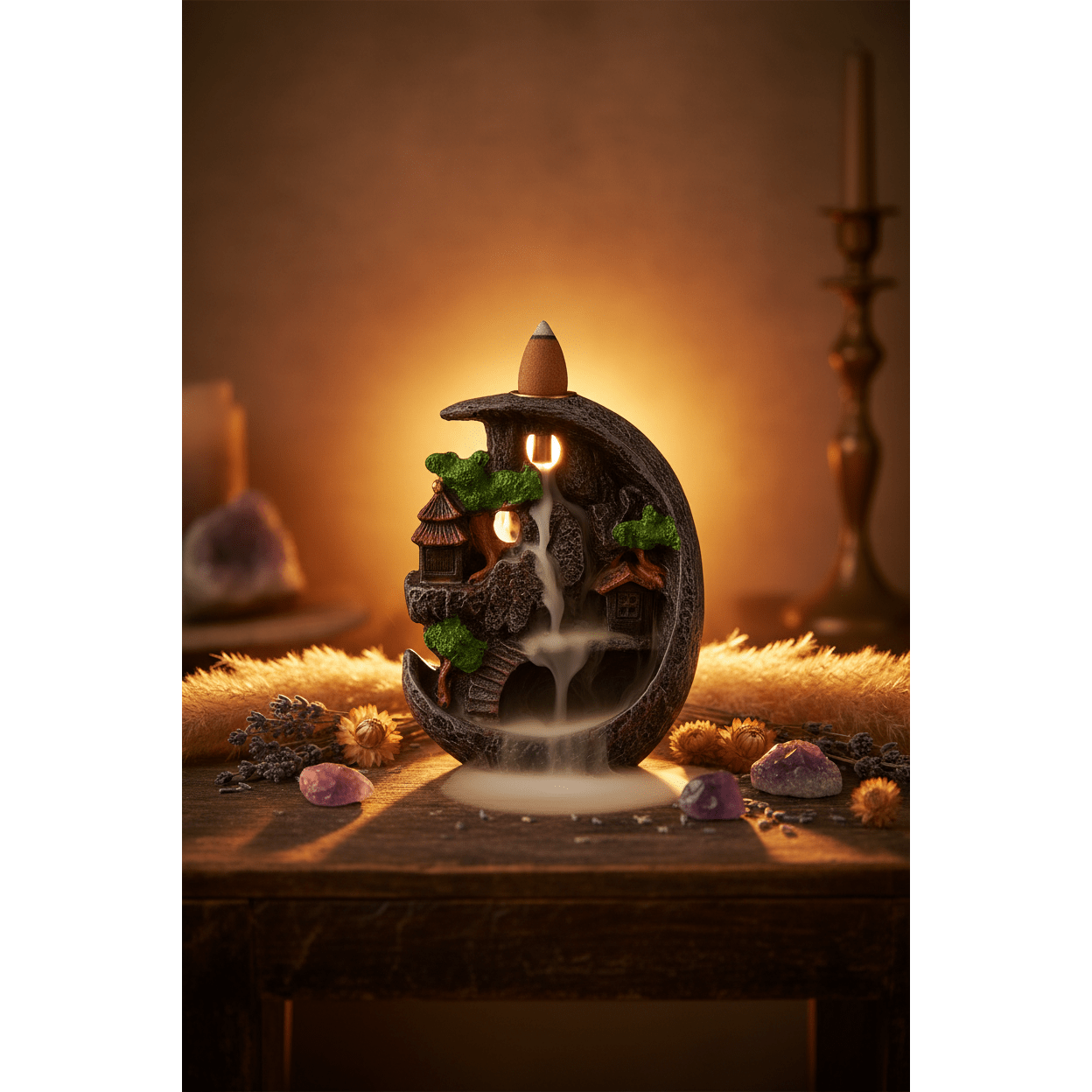 Fairy Scape Backflow Incense Burner in a golden hour scene with warm amber light, dried flowers, and amethyst crystals